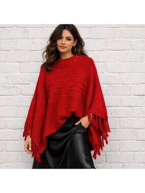 Carol Patterson Red Knit Sweater Poncho Fringe Oversized Boho Cozy Pullover o/s